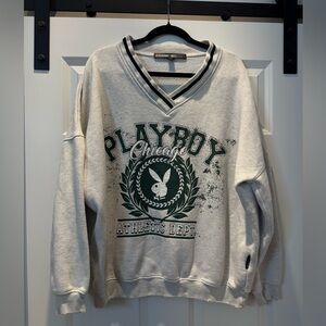 PLAYBOY x Missguided Gray Marl Varsity V Neck Sweatshirt